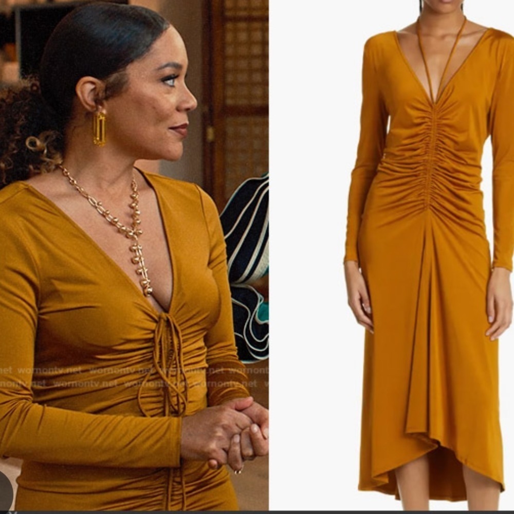 Veronica Beard Gilbert Runched v neck midi dress.